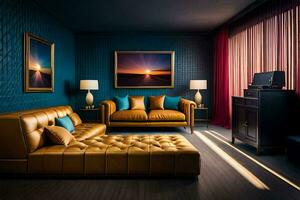 uma vivo quarto com azul paredes e uma bronzeado sofá. gerado por IA foto