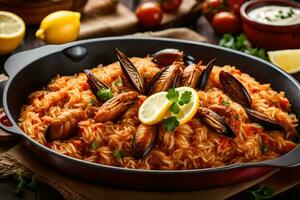 ai gerado espanhol paella com mexilhões e tomates foto