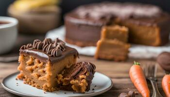 ai gerado uma peça do bolo com chocolate geada e cenouras foto