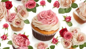 ai gerado bolos de copo com rosas em branco fundo foto
