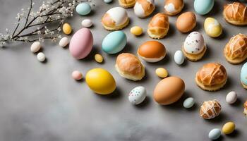 ai gerado colorida Páscoa ovos e pastelaria em uma cinzento fundo foto