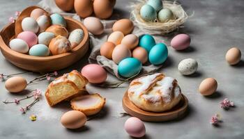 ai gerado colorida Páscoa ovos e pão em uma mesa foto