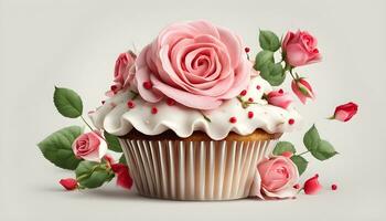 ai gerado Bolinho com Rosa rosas em uma branco fundo foto