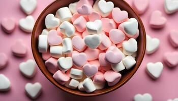 ai gerado uma tigela do marshmallows em uma Rosa fundo foto