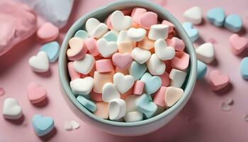 ai gerado uma tigela preenchidas com marshmallows e corações foto