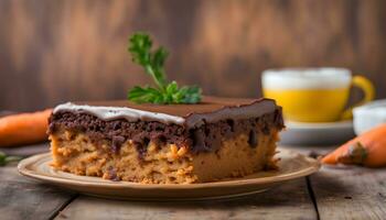 ai gerado uma peça do cenoura bolo com chocolate geada em uma de madeira mesa foto