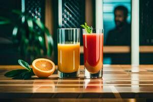 dois óculos do laranja suco em uma de madeira mesa. gerado por IA foto