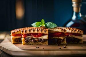 uma panini sanduíche com carne e queijo em uma de madeira corte borda. gerado por IA foto