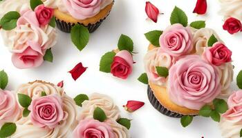 ai gerado bolos de copo com Rosa rosas em branco fundo foto