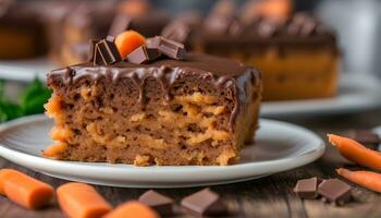 ai gerado uma peça do cenoura bolo com chocolate geada em topo foto