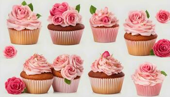 ai gerado Rosa bolos de copo com rosas em branco fundo foto