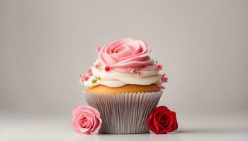 ai gerado Bolinho com Rosa geada e rosas em uma cinzento fundo foto