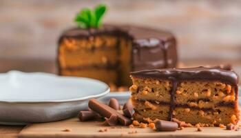 ai gerado uma peça do bolo com chocolate geada em uma prato foto