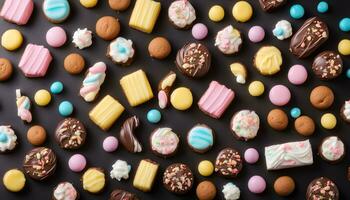 ai gerado vários colorida biscoitos e doces em uma Preto fundo foto