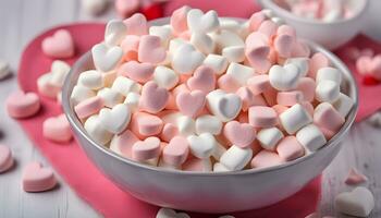 ai gerado uma tigela do marshmallows em uma mesa foto
