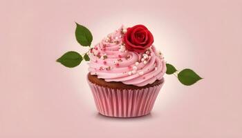 ai gerado uma Bolinho com Rosa geada e uma vermelho rosa foto