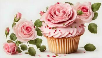 ai gerado uma Bolinho com Rosa rosas em uma branco fundo foto