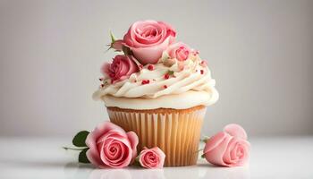 ai gerado Bolinho com Rosa rosas em branco fundo foto