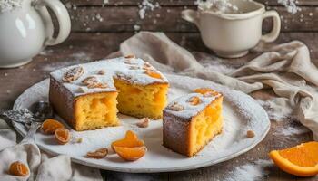 ai gerado laranja bolo com amêndoas e em pó açúcar em uma branco prato foto