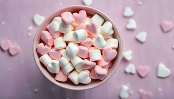 ai gerado uma tigela do marshmallows em uma Rosa fundo foto