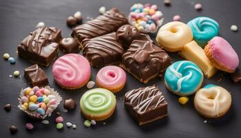 ai gerado sortido chocolate e doce em uma Sombrio fundo foto