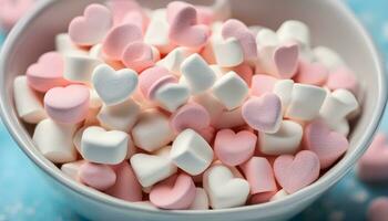 ai gerado uma tigela do marshmallows com corações em topo foto