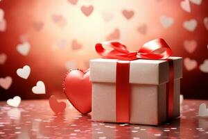 ai gerado dia dos namorados presente vermelho caixa com Rosa fita no meio coração confete foto