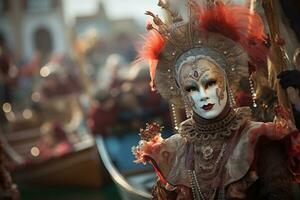 ai gerado elegante pessoa dentro vibrante carnaval traje e mascarar às Veneza festival foto