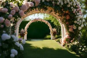 ai gerado uma Casamento arco com Rosa flores e branco Relva foto