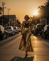 ai gerado lindo jovem mulher dentro uma grandes amarelo vestir caminhando em a rua às pôr do sol. ai generativo foto