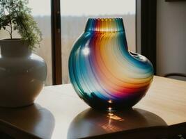 ai gerado colorida vasos em uma mesa dentro uma moderno vivo sala. ai generativo foto