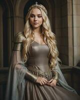 ai gerado lindo mulheres dentro medieval vestidos posando dentro frente do uma castelo. ai generativo foto