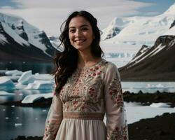 ai gerado retrato do uma jovem mulher sorridente às Câmera dentro frente do icebergs. ai generativo foto