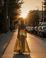 ai gerado lindo jovem mulher dentro uma grandes amarelo vestir caminhando em a rua às pôr do sol. ai generativo foto