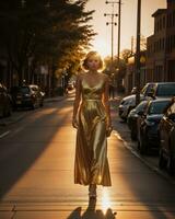 ai gerado lindo jovem mulher dentro uma grandes amarelo vestir caminhando em a rua às pôr do sol. ai generativo foto