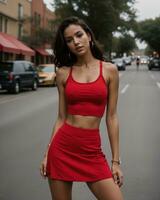 ai gerado lindo jovem morena mulher dentro uma vermelho Esportes topo e perneiras posando. ai generativo foto