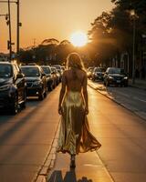 ai gerado lindo jovem mulher dentro uma grandes amarelo vestir caminhando em a rua às pôr do sol. ai generativo foto