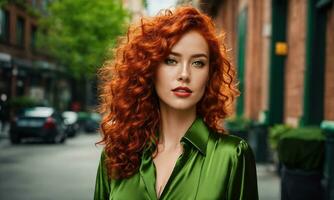 ai gerado lindo jovem mulher com vermelho encaracolado cabelo dentro uma verde vestir dentro a cidade às noite. ai generativo foto