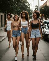 ai gerado grupo do jovem lindo africano americano mulheres dentro jeans calção caminhando dentro a cidade. ai generativo foto