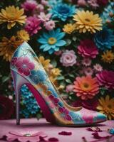 ai gerado Casamento sapatos com Alto calcanhares em uma fundo do flores ai generativo foto