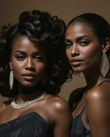 ai gerado lindo africano americano mulheres dentro tarde vestidos posando dentro estúdio. ai generativo foto