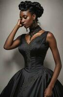 ai gerado lindo africano americano mulher vestindo Preto vestir e jóias. ai generativo. ai generativo foto