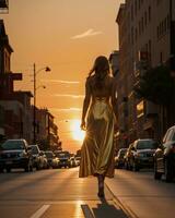 ai gerado lindo jovem mulher dentro uma grandes amarelo vestir caminhando em a rua às pôr do sol. ai generativo foto