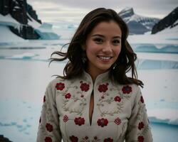 ai gerado retrato do uma jovem mulher sorridente às Câmera dentro frente do icebergs. ai generativo foto