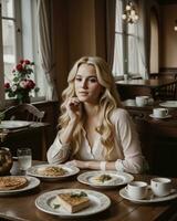 ai gerado lindo Loiras menina sentado às a mesa com uma muitos do Comida. ai generativo foto