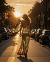 ai gerado lindo jovem mulher dentro uma grandes amarelo vestir caminhando em a rua às pôr do sol. ai generativo foto