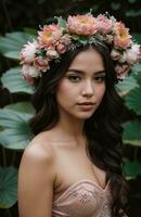 ai gerado lindo jovem mulher com flores dentro cabelo olhando às Câmera isolado em cinza. ai generativo foto