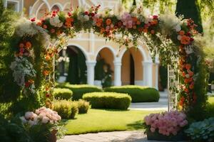 ai gerado uma Casamento arco decorado com flores dentro frente do uma construção foto