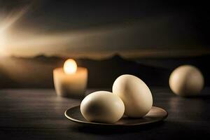 três ovos sentar em uma prato com uma vela dentro a fundo. gerado por IA foto