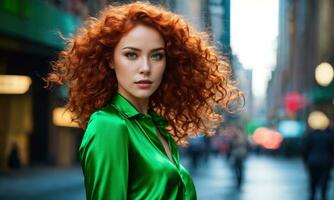 ai gerado lindo jovem mulher com vermelho encaracolado cabelo dentro uma verde vestir dentro a cidade às noite. ai generativo foto